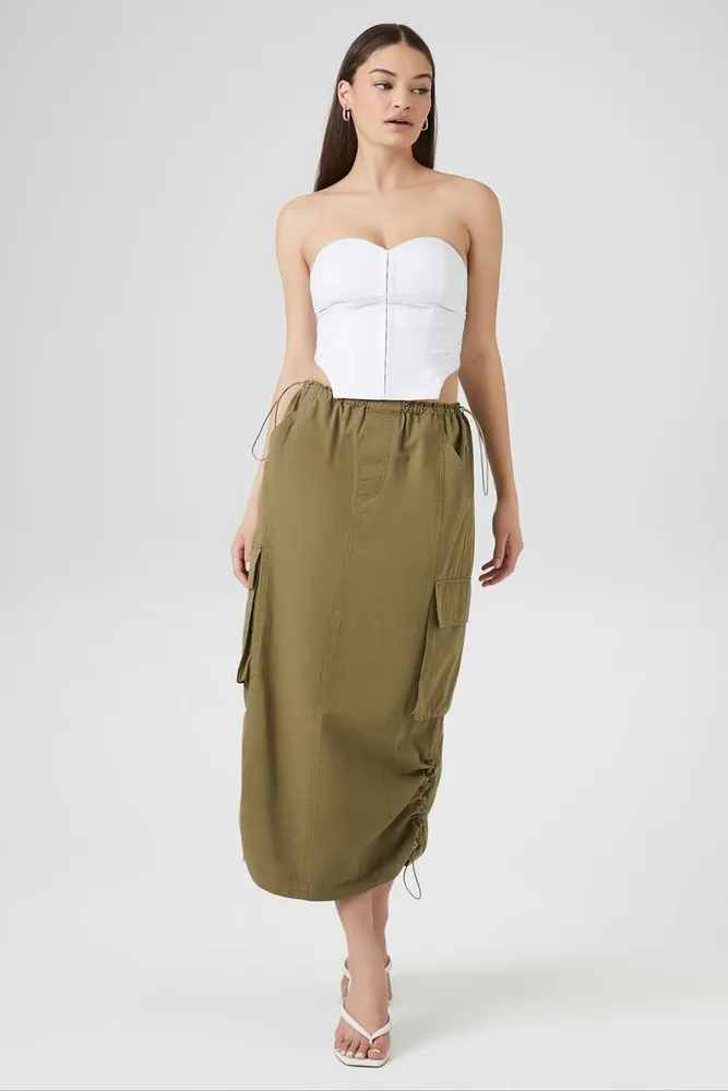 Women's Cargo Drawstring Midi Skirt in Olive Small