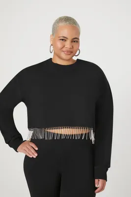 Women's Rhinestone Fringe Pullover in Black, 3X