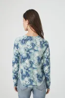 Women's Tie-Dye Floral Print Top in Blue Small