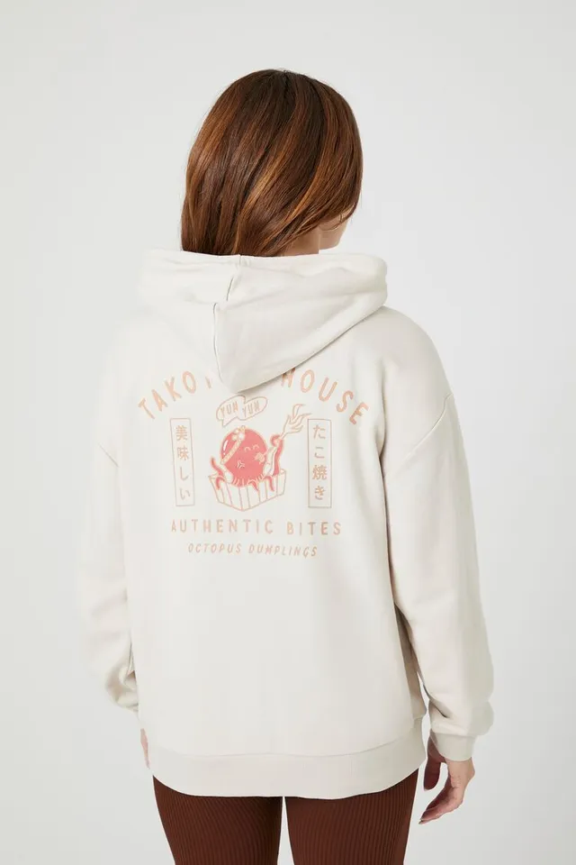 Forever 21 Women's Takoyaki House Graphic Hoodie Sweatshirt in Taupe/Taupe Small | Logo | 60% Cotton, 40% Polyester | F21