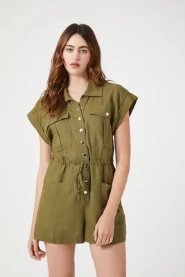 Women's Linen-Blend Button-Front Romper in Olive, XS