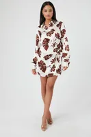 Women's Satin Tropical Print Mini Shirt Dress in Brown, XS