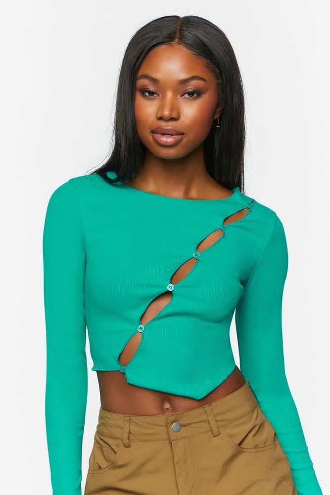 Women's Asymmetrical Cutout Button-Front Top in Teal Large