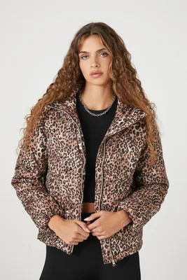 Women's Leopard Print Quilted Puffer Jacket in Brown Small