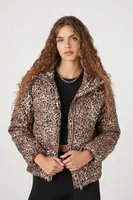 Women's Leopard Print Quilted Puffer Jacket in Brown Small