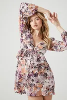 Women's Chiffon Floral Flounce Mini Dress in Mocha/Lavender Medium