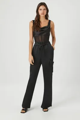 Women's Satin Cargo Drawstring Pants in Black Large