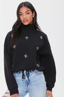 Women's Faux Gem Mock Neck Pullover in Black Large