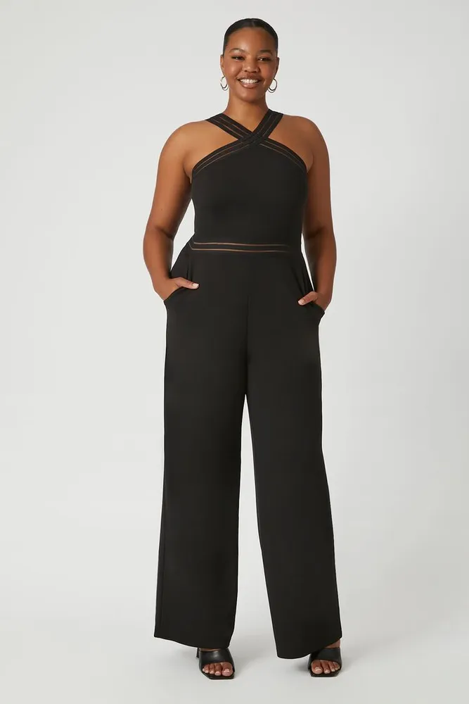 Women's Shadow-Striped Halter Jumpsuit in Black, 3X