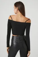 Women's Ribbed Open-Shoulder Crop Top in Black Medium