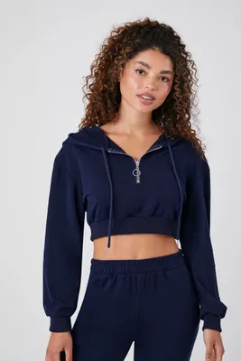 Women's French Terry Cropped Hoodie in Navy Large