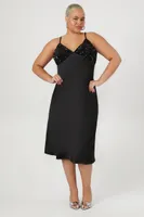 Women's Satin Sequin Midi Slip Dress in Black, 2X