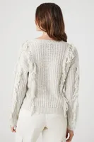 Women's Fringe Cable Knit Sweater in Heather Grey Small