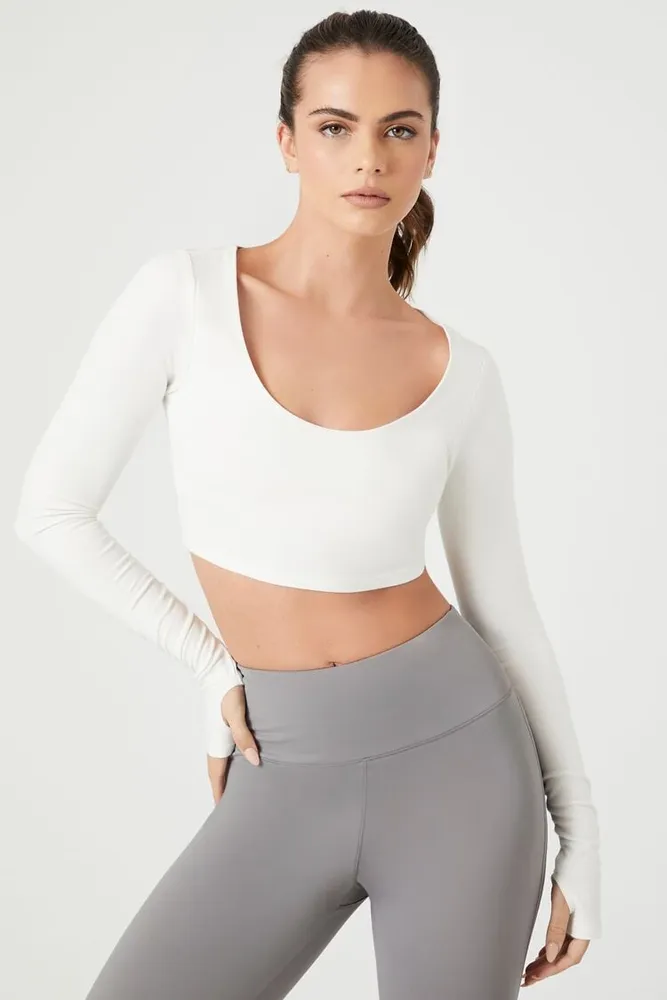 Women's Active Thumbhole Crop Top White