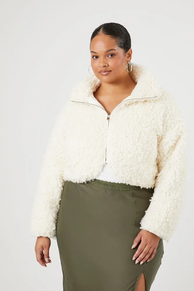 Women's Faux Shearling Cropped Coat in Vanilla, 1X