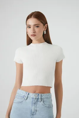 Women's Fitted Sweater-Knit Crop Top in Vanilla Large