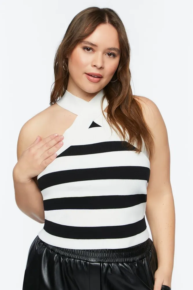 Women's Striped Crisscross Halter Top in Vanilla/Black, 0X