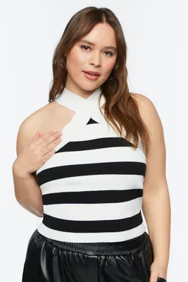 Women's Striped Crisscross Halter Top Vanilla/Black,