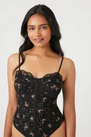 Women's Floral Print Lace Bodysuit in Black Large