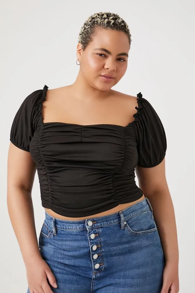 Women's Ruched Puff-Sleeve Crop Top