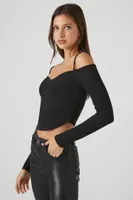 Women's Ribbed Open-Shoulder Crop Top in Black, XL