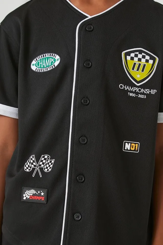 Kids Racecar Patch Baseball Jersey (Girls + Boys) in Black, 9/10