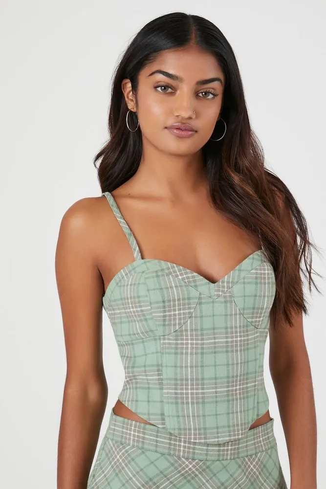 Women's Plaid Sweetheart Bustier Crop Top in Green Small