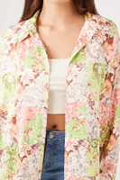 Women's Satin Floral Patchwork Shirt in Pale Peach Small