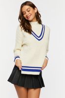 Women's Mock Neck Varsity Sweater in Cream/Blue Large