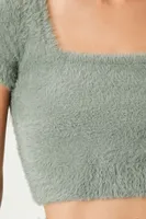 Women's Cropped Fuzzy Sweater-Knit T-Shirt in Green Haze, XL