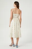 Women's Floral Print Smocked Midi Dress in Ivory Medium