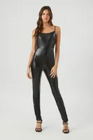 Women's Fitted Faux Leather Cami Jumpsuit in Black, XS