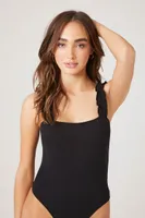 Women's Ribbed Ruffle-Strap Bodysuit in Black Small