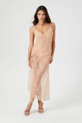 Women's Sheer Lace Drawstring Maxi Dress in Peach Medium