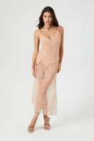 Women's Sheer Lace Drawstring Maxi Dress in Peach Large