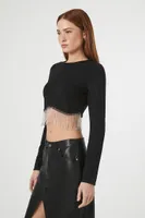 Women's Rhinestone-Fringe Crop Top in Black Large