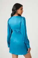 Women's Plunging Satin Tie-Front Mini Dress in Teal Small