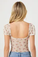 Women's Ditsy Floral Print Bodysuit in Ivory/Fuchsia Small