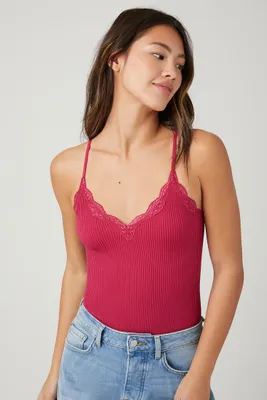 Women's Seamless Lace-Trim Bodysuit in Sangria Medium