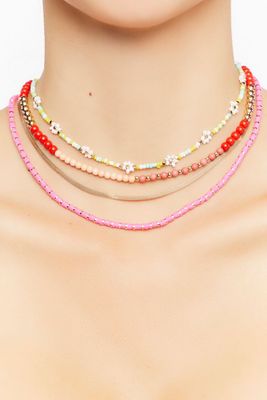 Women's Floral Beaded Layered Necklace Set in Pink/Gold