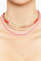 Women's Floral Beaded Layered Necklace Set in Pink/Gold