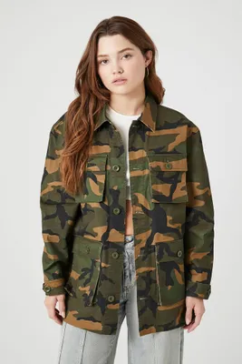 Women's Camo Print Trucker Jacket in Olive, XS