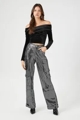 Women's Metallic Wide-Leg Cargo Pants in Black Small