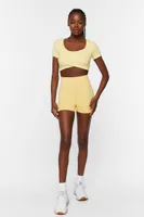 Women's Active Contrast-Trim Crossover Crop Top in Mellow Yellow/White Medium