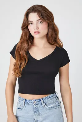 Women's Pointelle Knit Cropped T-Shirt in Black, XS