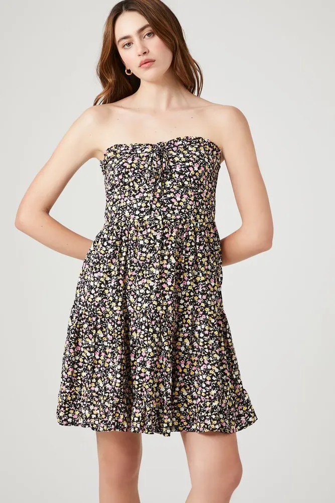 Women's Ditsy Floral Strapless Mini Dress in Black Large