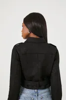 Women's Faux Suede Cropped Moto Jacket in Black Small