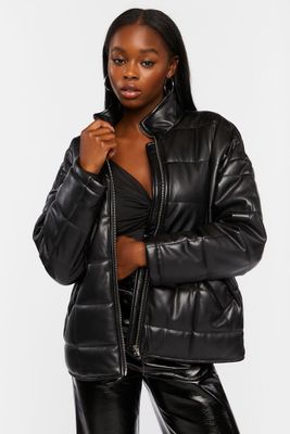 Women's Faux Leather Quilted Zip-Up Jacket in Black Large