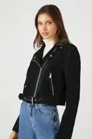 Women's Faux Leather Belted Moto Jacket in Black, XS