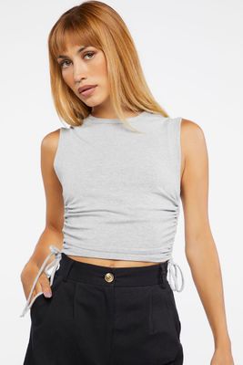 Women's Ruched Drawstring Crop Top in Heather Grey Medium